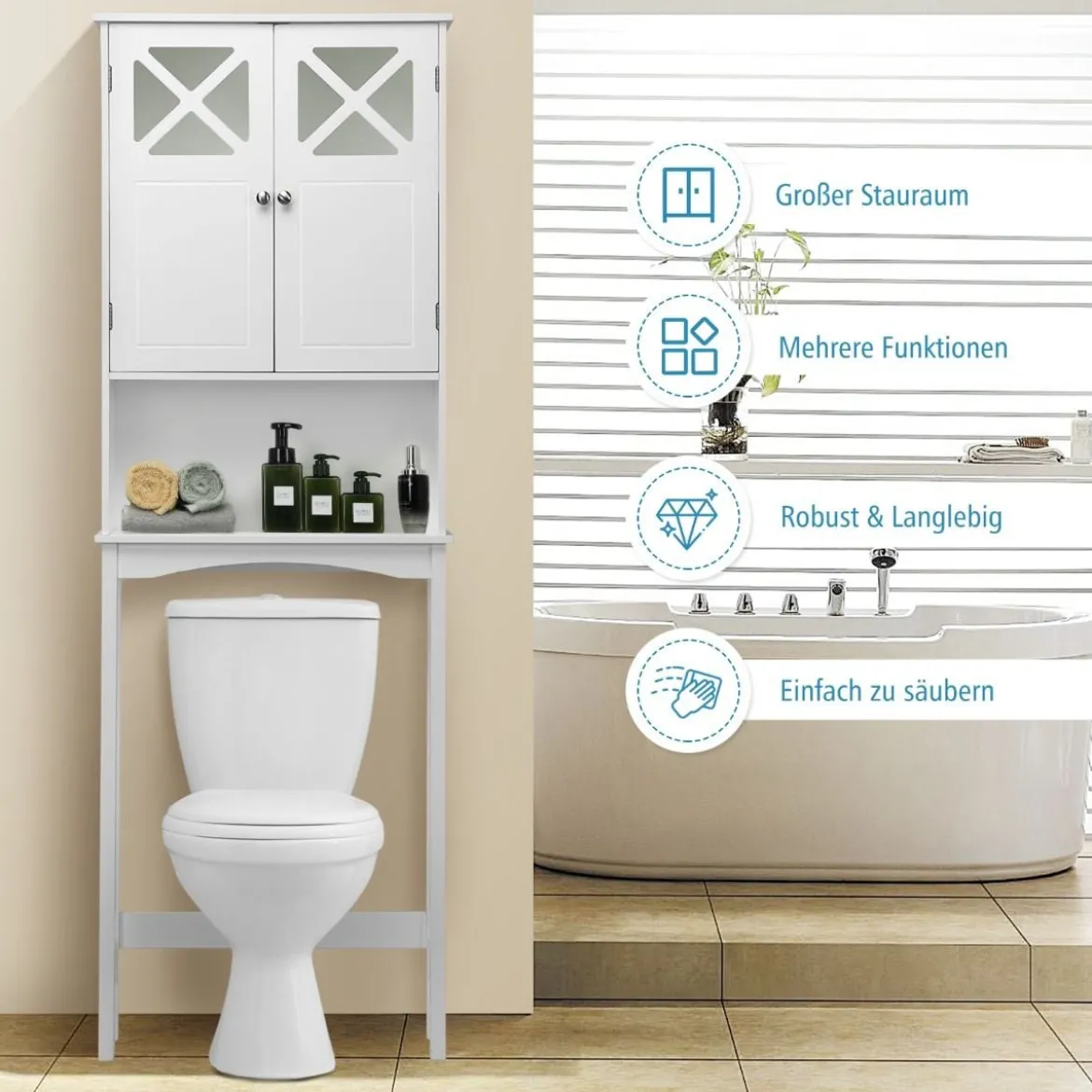 Badezimmer-Schrank Badezimmerregal mit Anti-Kipp-Design X-förmiger Doppeltürschrank Weiß