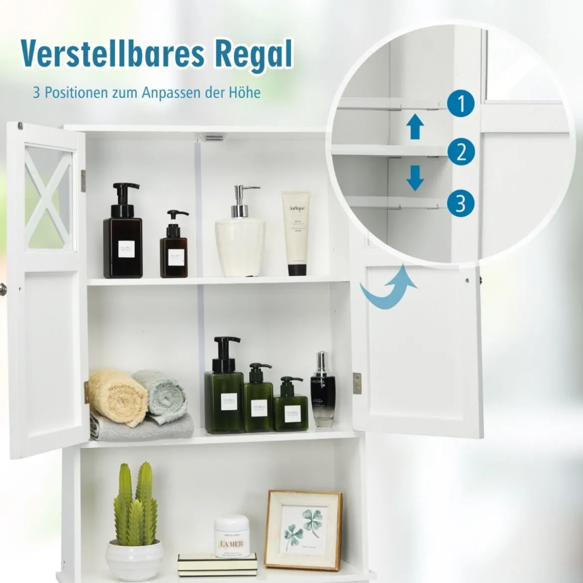 Badezimmer-Schrank Badezimmerregal mit Anti-Kipp-Design X-förmiger Doppeltürschrank Weiß
