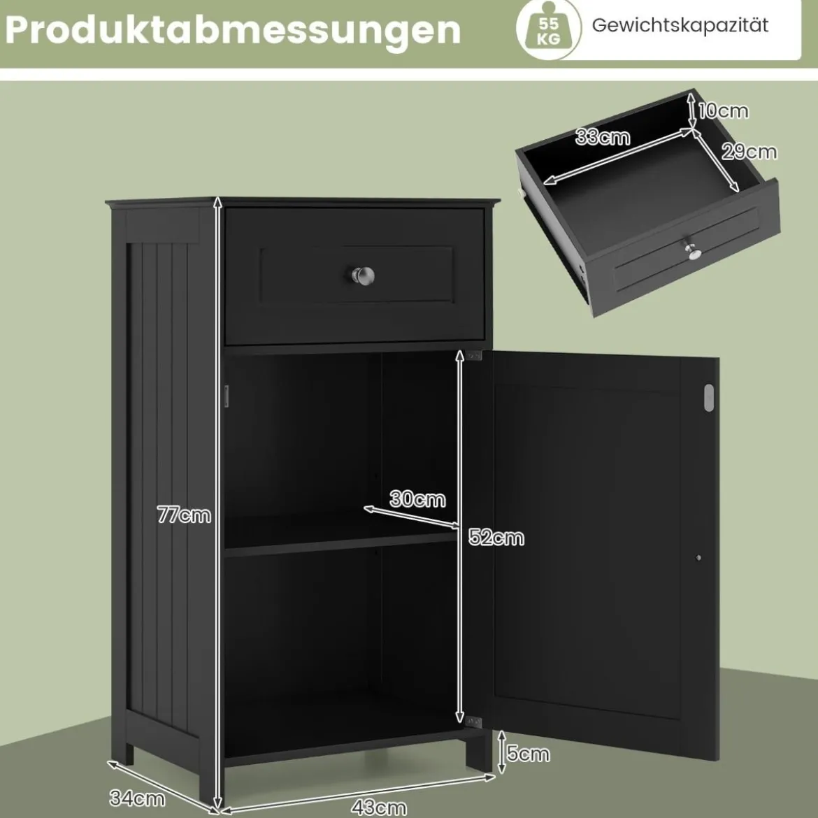 Badezimmerschrank Badschrank schmal mit Schublade & Tür 43 x 34 x 77 cm Schwarz/Weiß