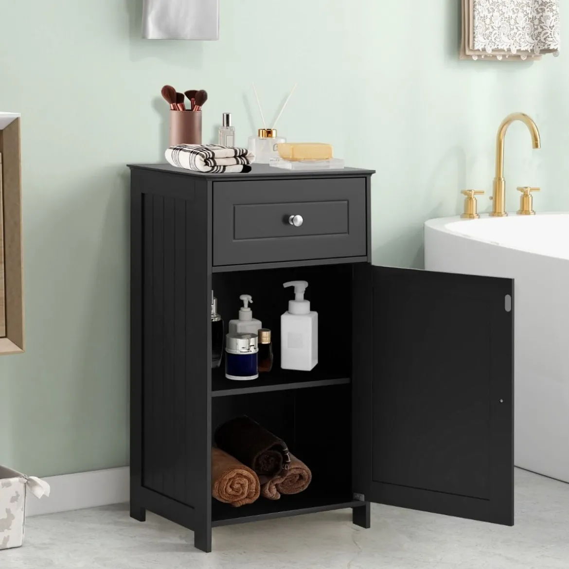 Badezimmerschrank Badschrank schmal mit Schublade & Tür 43 x 34 x 77 cm Schwarz/Weiß
