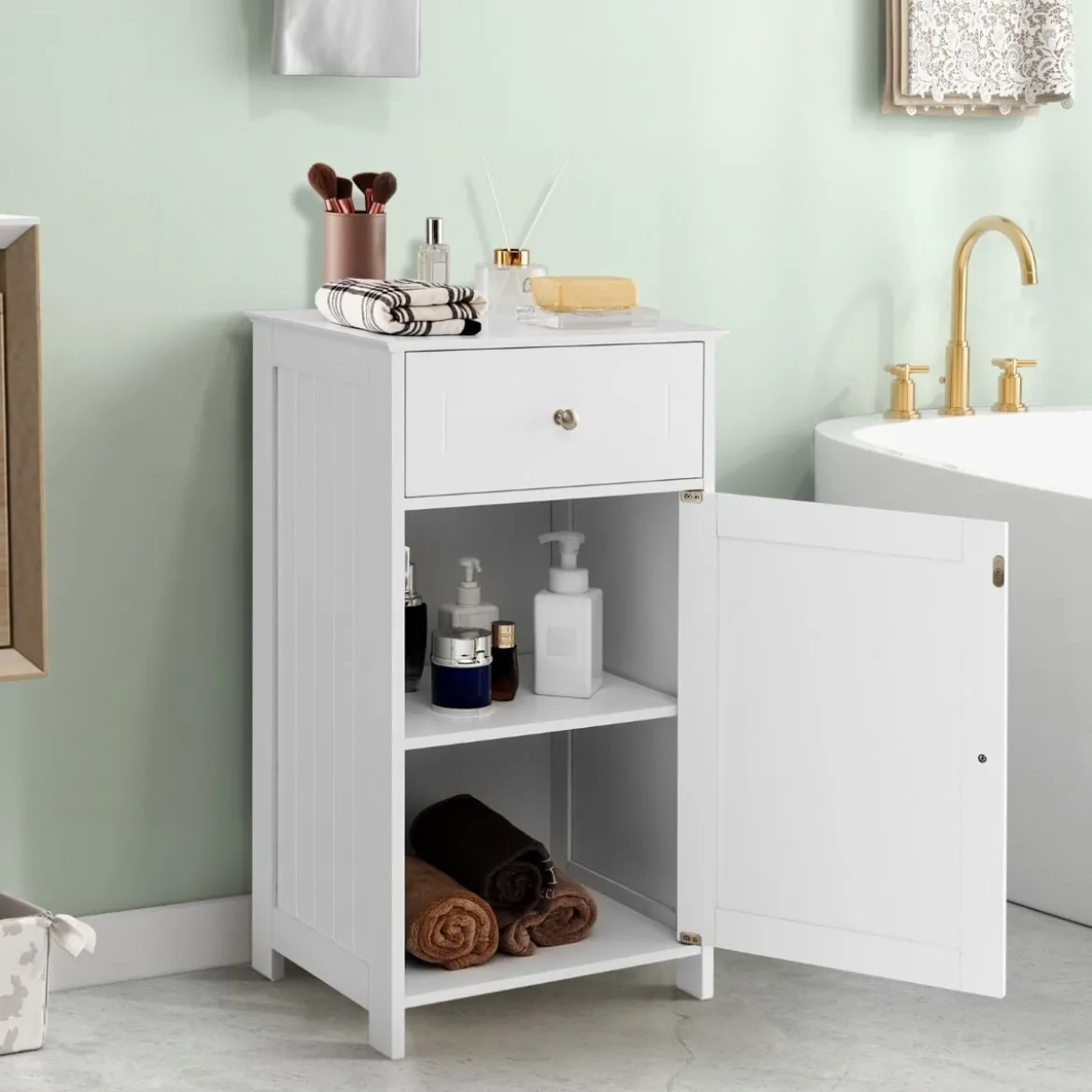 Badezimmerschrank Badschrank schmal mit Schublade & Tür 43 x 34 x 77 cm Schwarz/Weiß