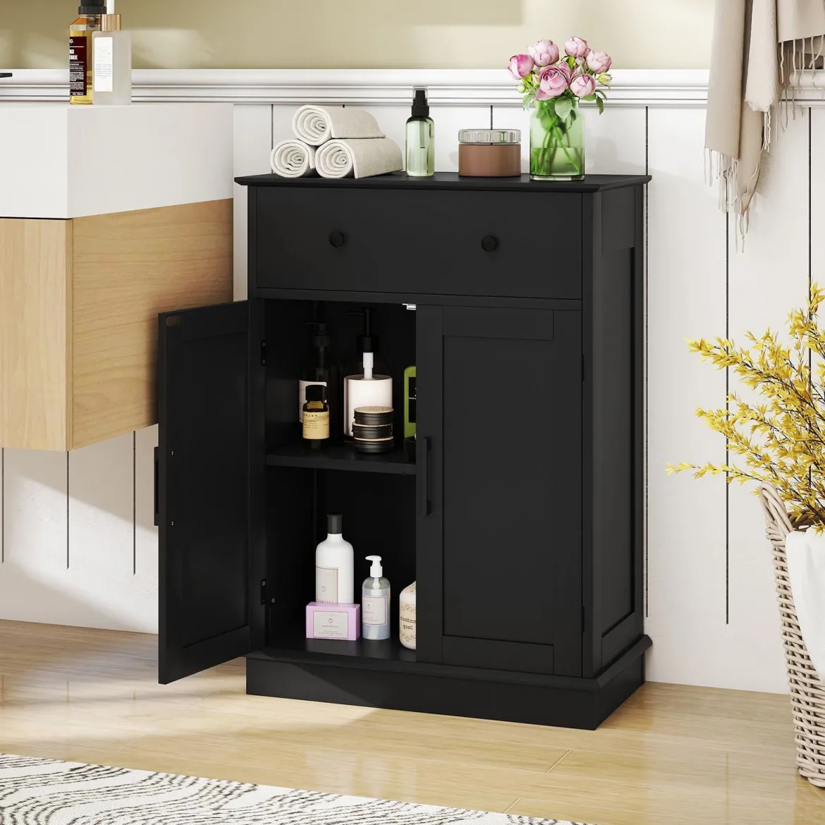Badezimmerschrank Badschrank mit Schublade Türen & verstellbarem Regal Kommode Holz für Badezimmer 56 x 30 x 80cm Schwarz