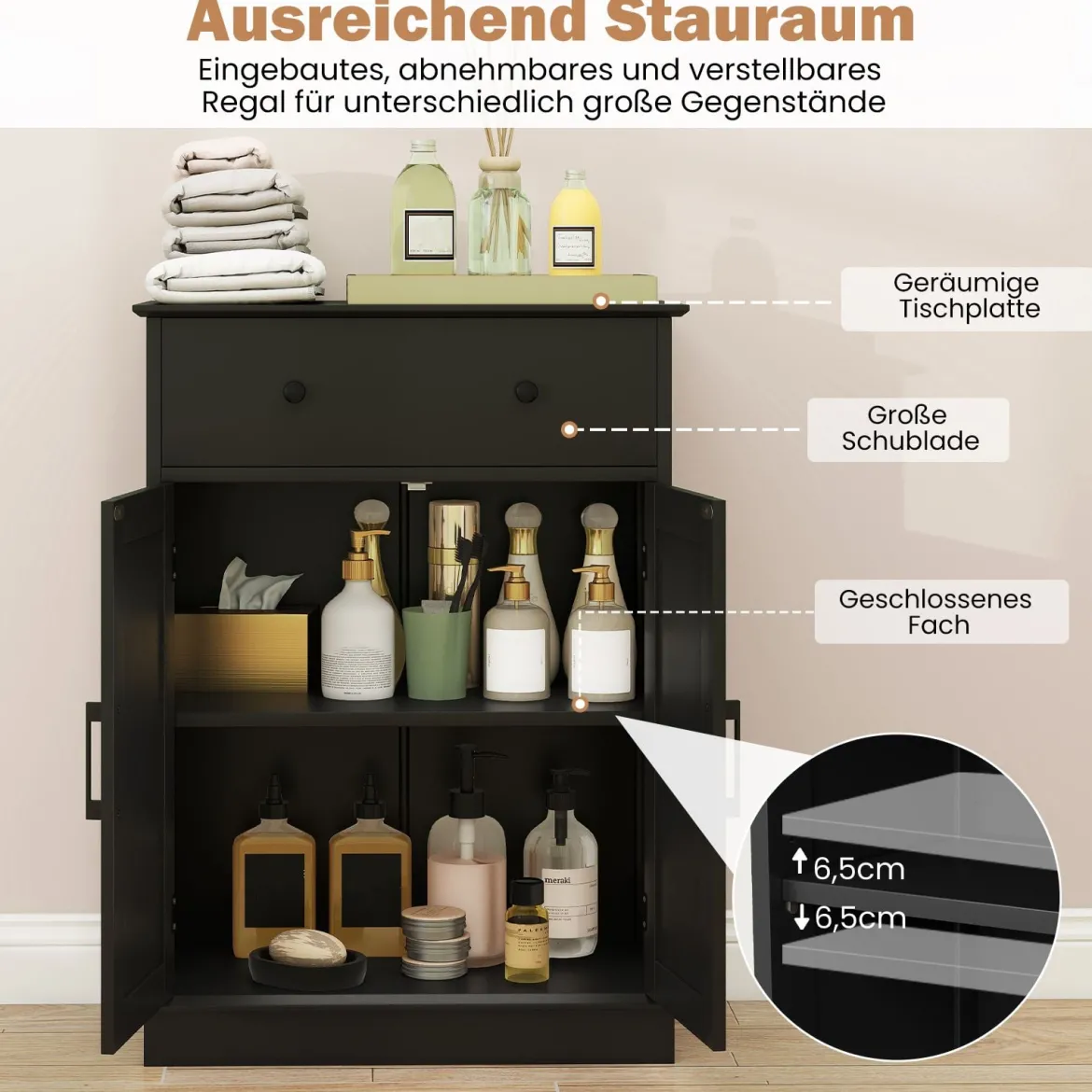 Badezimmerschrank Badschrank mit Schublade Türen & verstellbarem Regal Kommode Holz für Badezimmer 56 x 30 x 80cm Schwarz