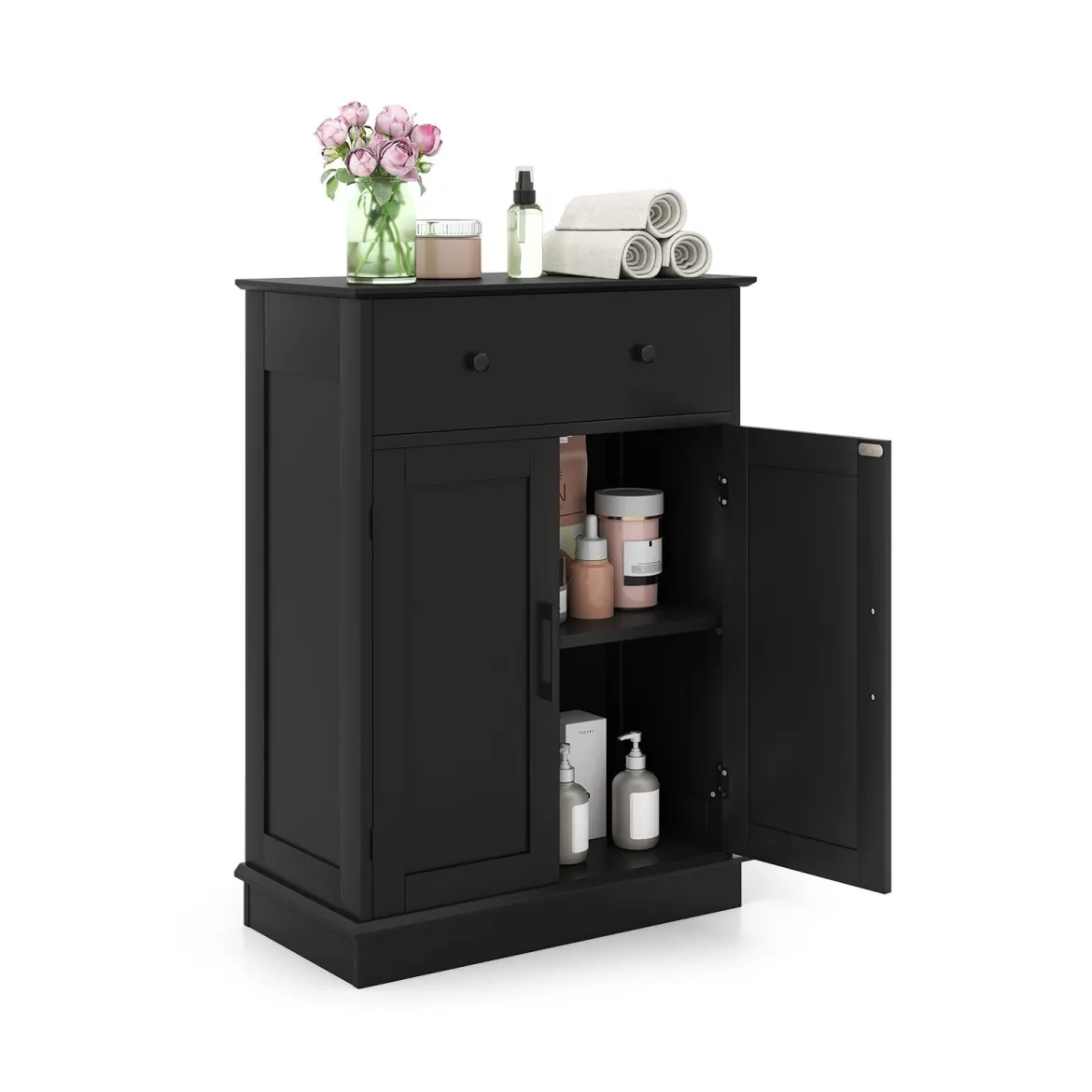 Badezimmerschrank Badschrank mit Schublade Türen & verstellbarem Regal Kommode Holz für Badezimmer 56 x 30 x 80cm Schwarz