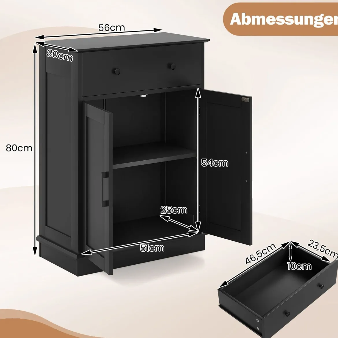 Badezimmerschrank Badschrank mit Schublade Türen & verstellbarem Regal Kommode Holz für Badezimmer 56 x 30 x 80cm Schwarz