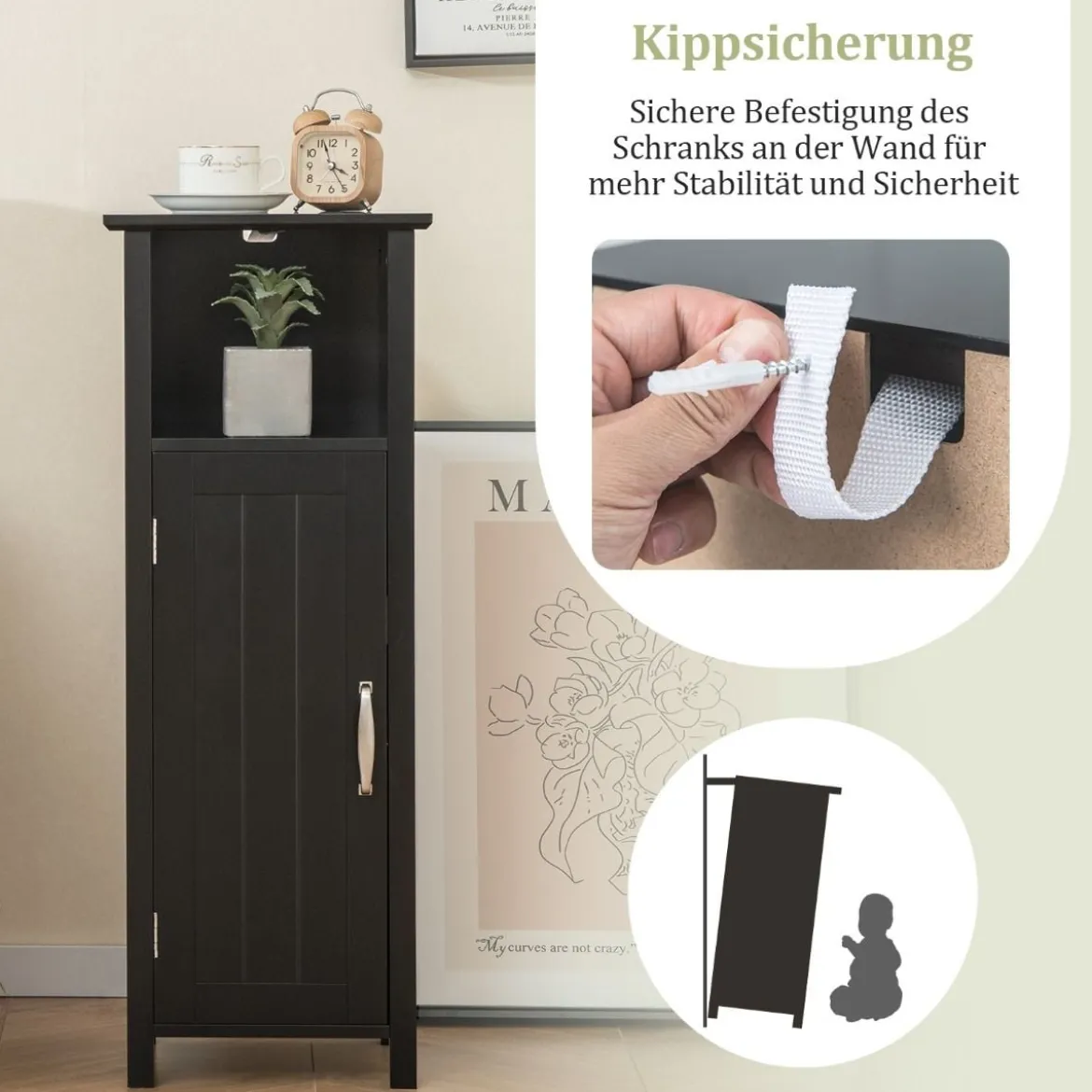 Badezimmerschrank Badschrank mit offenem Fach Beistellschrank Aufbewahrungsschrank 30 x 30 x 80 cm Weiß/Schwarz