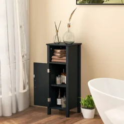 Badezimmerschrank Badschrank mit offenem Fach Beistellschrank Aufbewahrungsschrank 30 x 30 x 80 cm Weiß/Schwarz