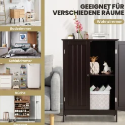 Badezimmerschrank Beistellschrank mit Doppeltür verstellbarem Einlegeboden und Kippsicherung Braun