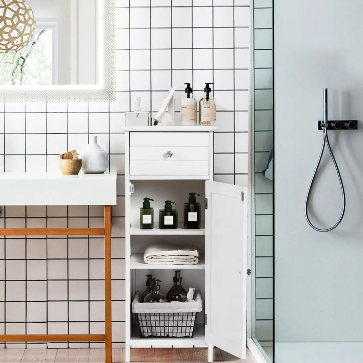 Badezimmerschrank Eintüriger Bodenschrank mit Große Schublade 35 x 30 x 87,5 cm Weiß