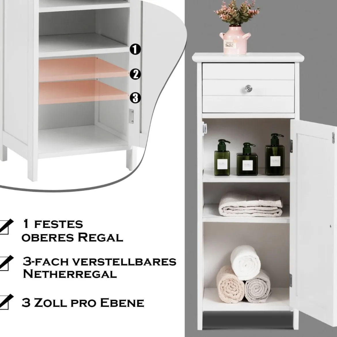 Badezimmerschrank Eintüriger Bodenschrank mit Große Schublade 35 x 30 x 87,5 cm Weiß