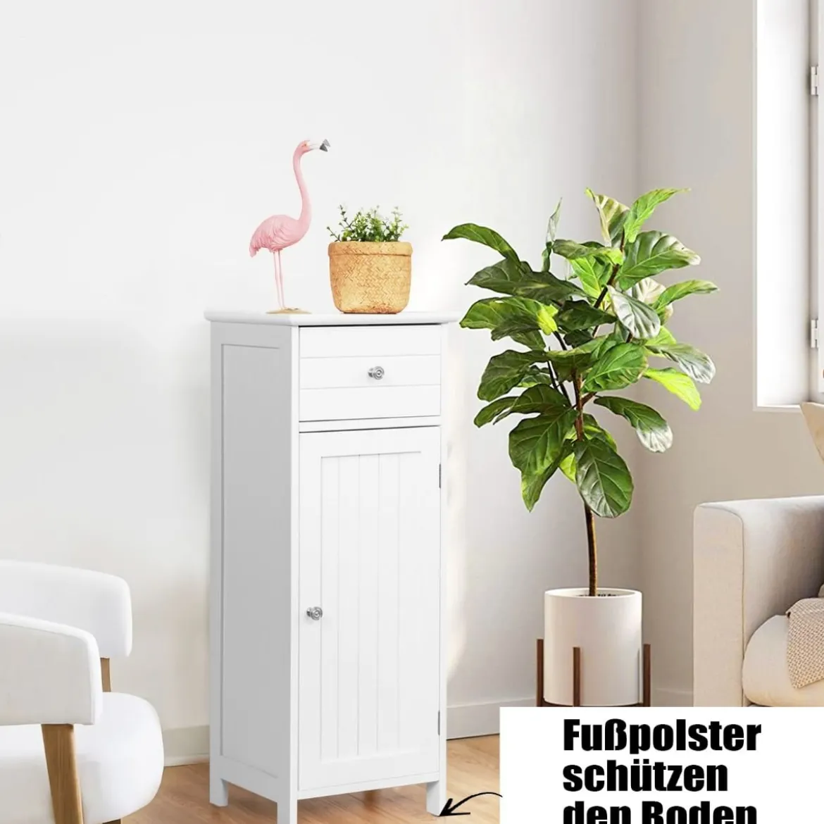 Badezimmerschrank Eintüriger Bodenschrank mit Große Schublade 35 x 30 x 87,5 cm Weiß