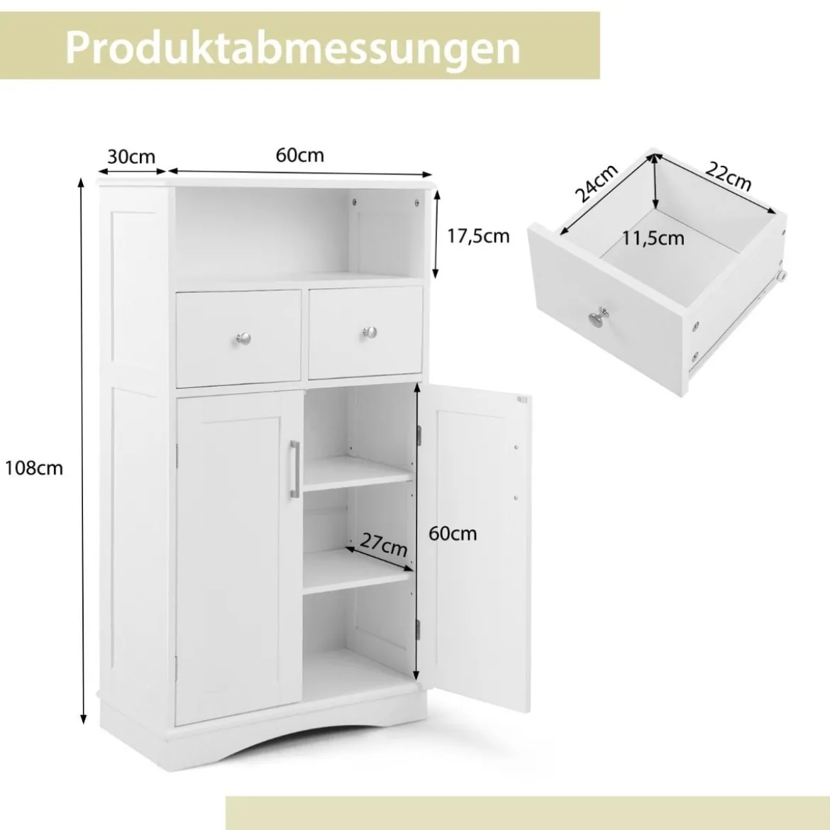 Badezimmerschrank freistehend Aufbewahrungsschrank mit 2 Türen 60 x 30 x 108 cm Weiß