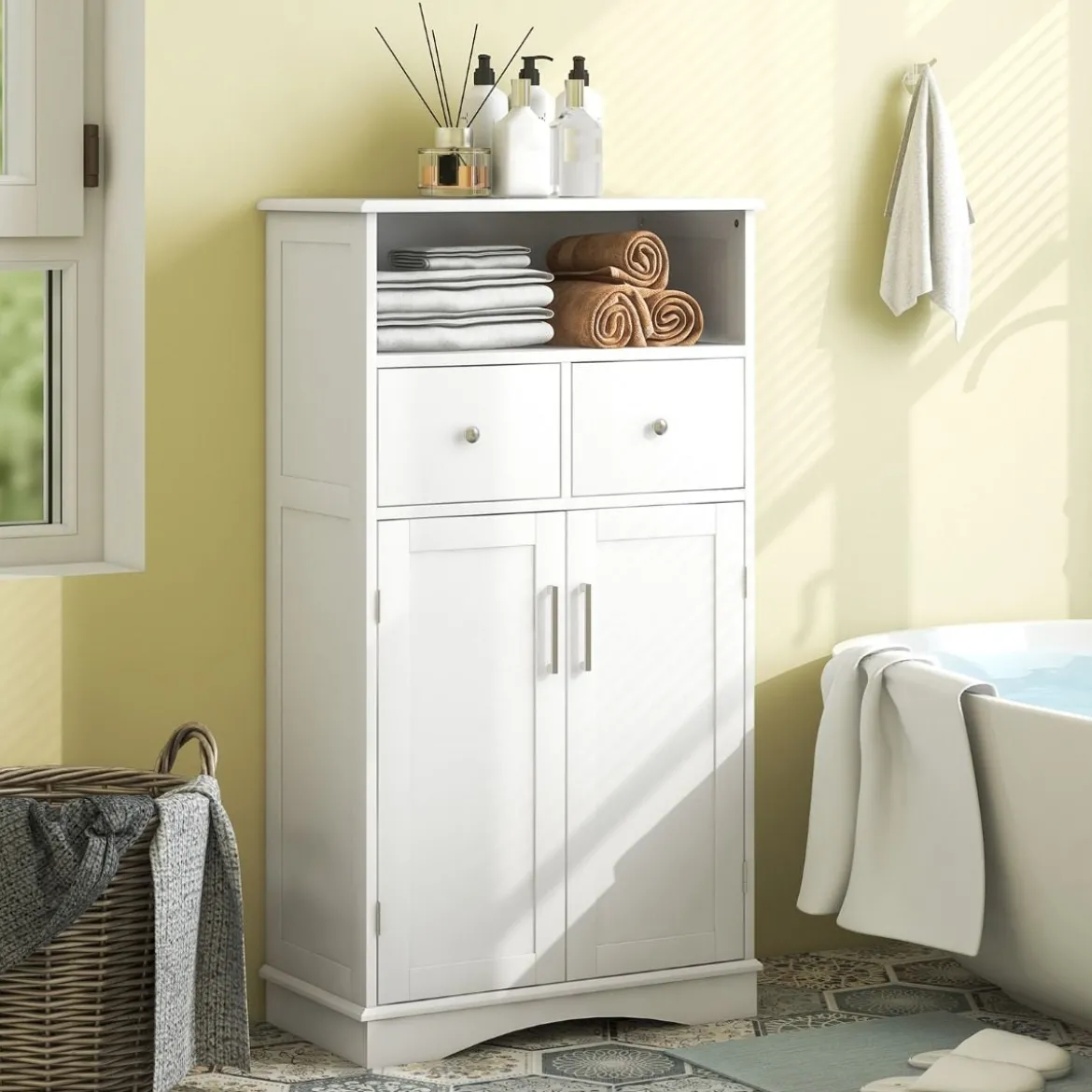 Badezimmerschrank freistehend Aufbewahrungsschrank mit 2 Türen 60 x 30 x 108 cm Weiß