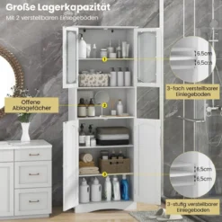 Badezimmerschrank freistehender Hochschrank mit 4 Türen & offenem Fach Weiß 60 x 30 x 164 cm