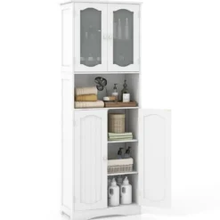 Badezimmerschrank freistehender Hochschrank mit 4 Türen & offenem Fach Weiß 60 x 30 x 164 cm