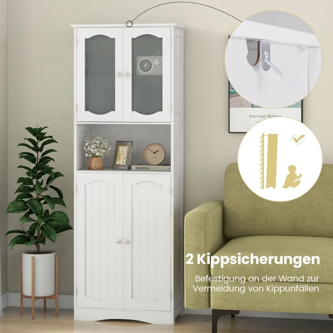 Badezimmerschrank freistehender Hochschrank mit 4 Türen & offenem Fach Weiß 60 x 30 x 164 cm