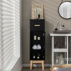 Badezimmerschrank Freistehender Holzschrank mit 1 Schublade 30 x 30 x 102 cm Schwarz