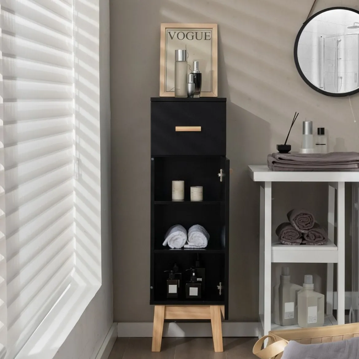 Badezimmerschrank Freistehender Holzschrank mit 1 Schublade 30 x 30 x 102 cm Schwarz