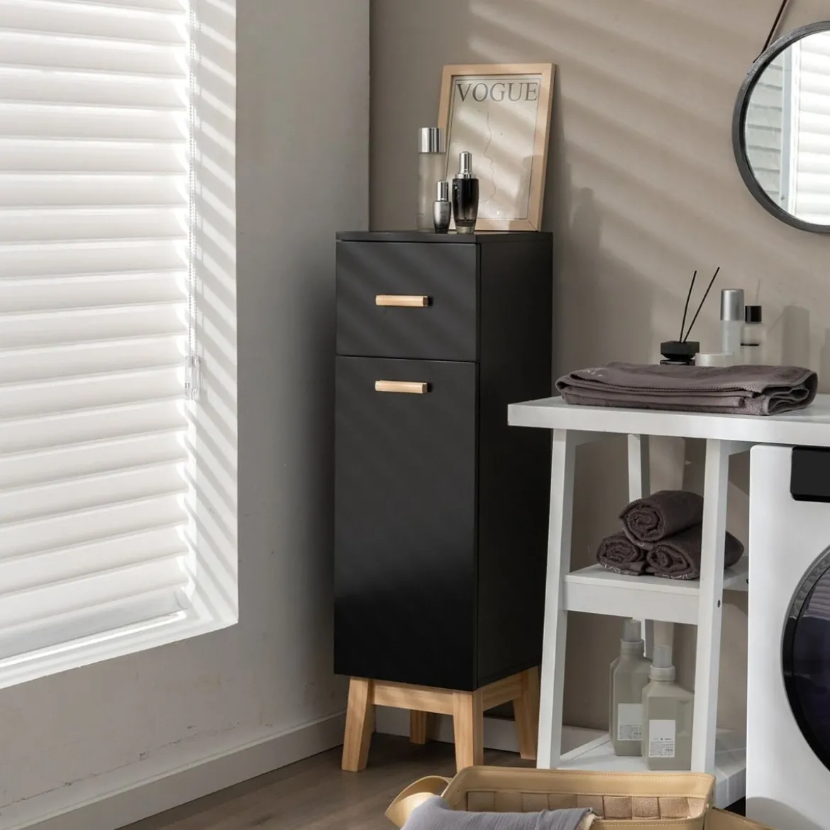 Badezimmerschrank Freistehender Holzschrank mit 1 Schublade 30 x 30 x 102 cm Schwarz