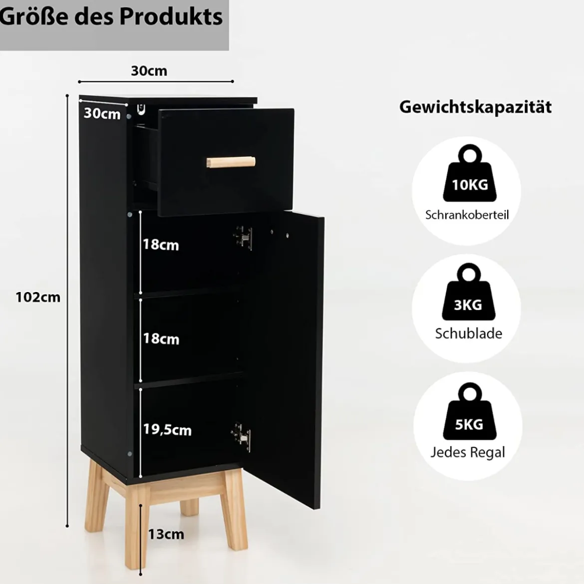 Badezimmerschrank Freistehender Holzschrank mit 1 Schublade 30 x 30 x 102 cm Schwarz