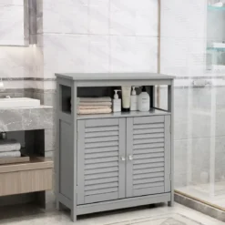 Badezimmer Schrank freistehender Badschrank Aufbewahrungsschrank Grau/Schwarz/Weiß