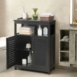 Badezimmer Schrank freistehender Badschrank Aufbewahrungsschrank Grau/Schwarz/Weiß