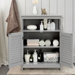 Badezimmer Schrank freistehender Badschrank Aufbewahrungsschrank Grau/Schwarz/Weiß
