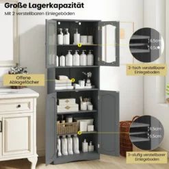Badezimmerschrank freistehender Hochschrank mit 4 Türen & Verstellbarem Einlegeboden Badschrank mit Kippschutz Grau 164 cm