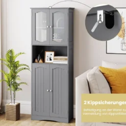 Badezimmerschrank freistehender Hochschrank mit 4 Türen & Verstellbarem Einlegeboden Badschrank mit Kippschutz Grau 164 cm