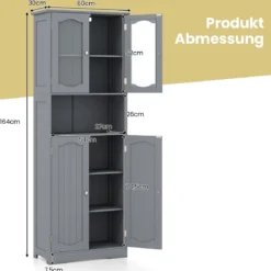 Badezimmerschrank freistehender Hochschrank mit 4 Türen & Verstellbarem Einlegeboden Badschrank mit Kippschutz Grau 164 cm