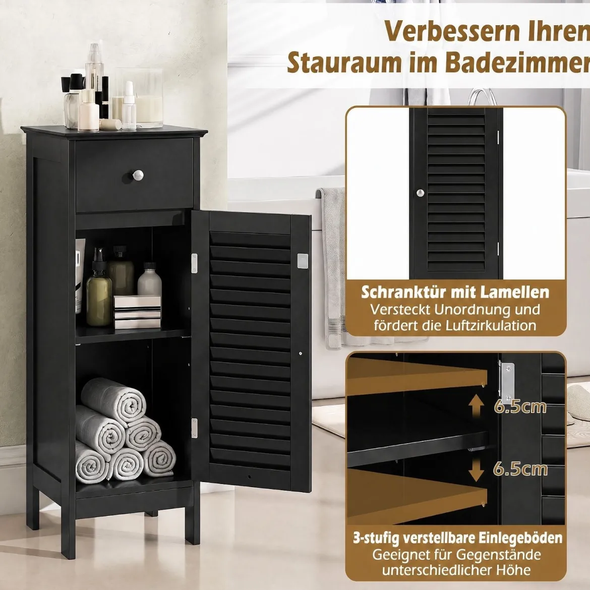Badezimmerschrank Freistehender WC-Schrank mit Schublade 32 x 30 x 87,5 cm Schwarz