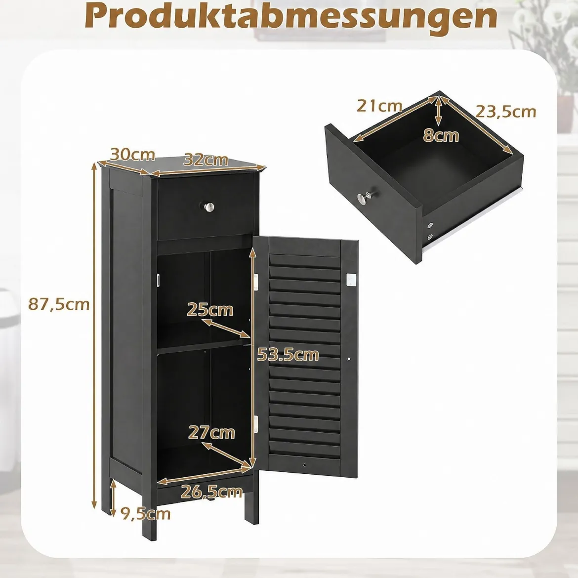 Badezimmerschrank Freistehender WC-Schrank mit Schublade 32 x 30 x 87,5 cm Schwarz