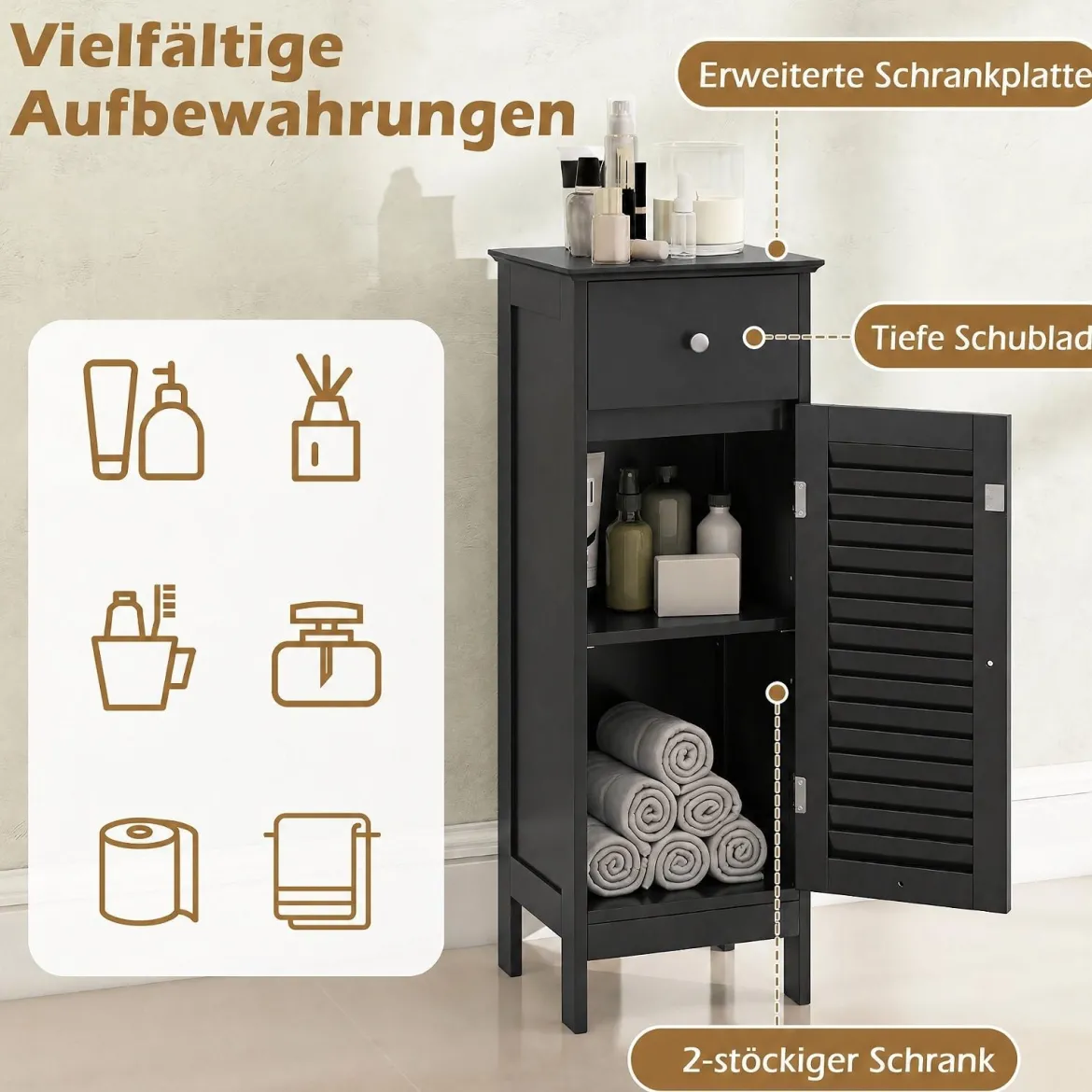 Badezimmerschrank Freistehender WC-Schrank mit Schublade 32 x 30 x 87,5 cm Schwarz