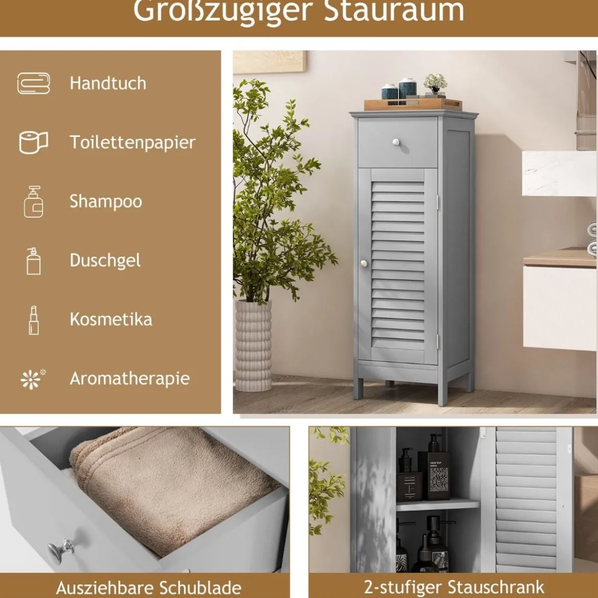 Badezimmerschrank Freistehender WC-Schrank mit Schublade 32 x 30 x 88 cm Grau