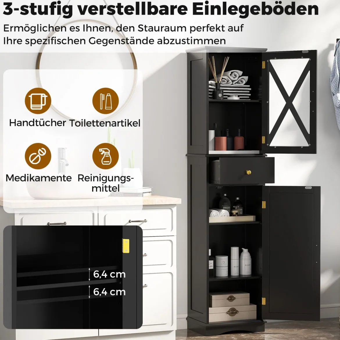 Badezimmerschrank Hochschrank mit Verstellbaren Einlegeböden & Schublade Badschrank Schwarz