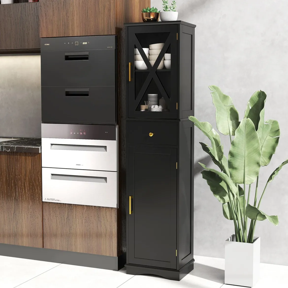 Badezimmerschrank Hochschrank mit Verstellbaren Einlegeböden & Schublade Badschrank Schwarz