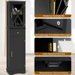 Badezimmerschrank Hochschrank mit Verstellbaren Einlegeböden & Schublade Badschrank Schwarz