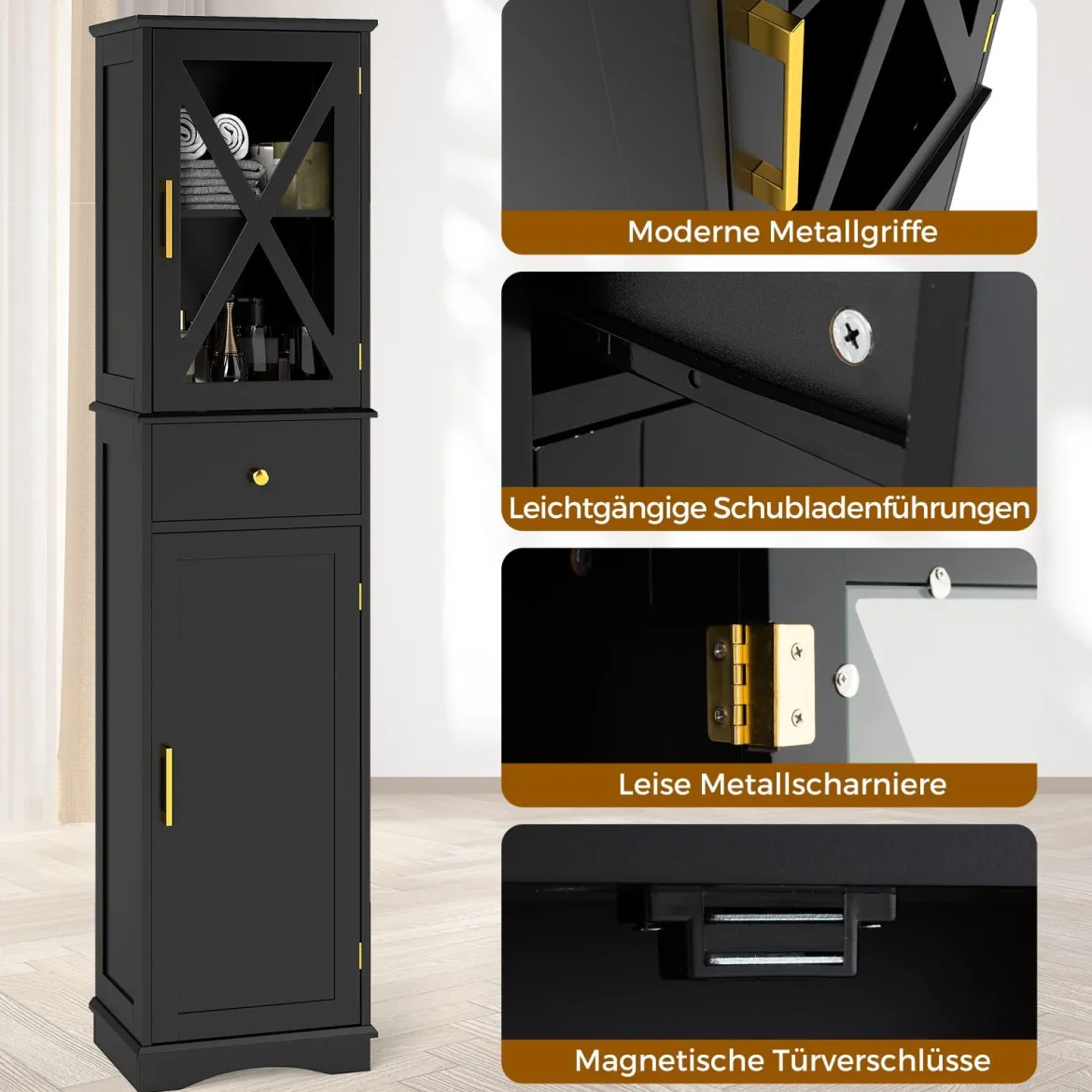 Badezimmerschrank Hochschrank mit Verstellbaren Einlegeböden & Schublade Badschrank Schwarz