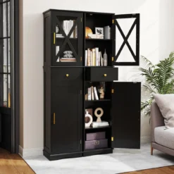 Badezimmerschrank Hochschrank mit Verstellbaren Einlegeböden & Schublade Badschrank Schwarz
