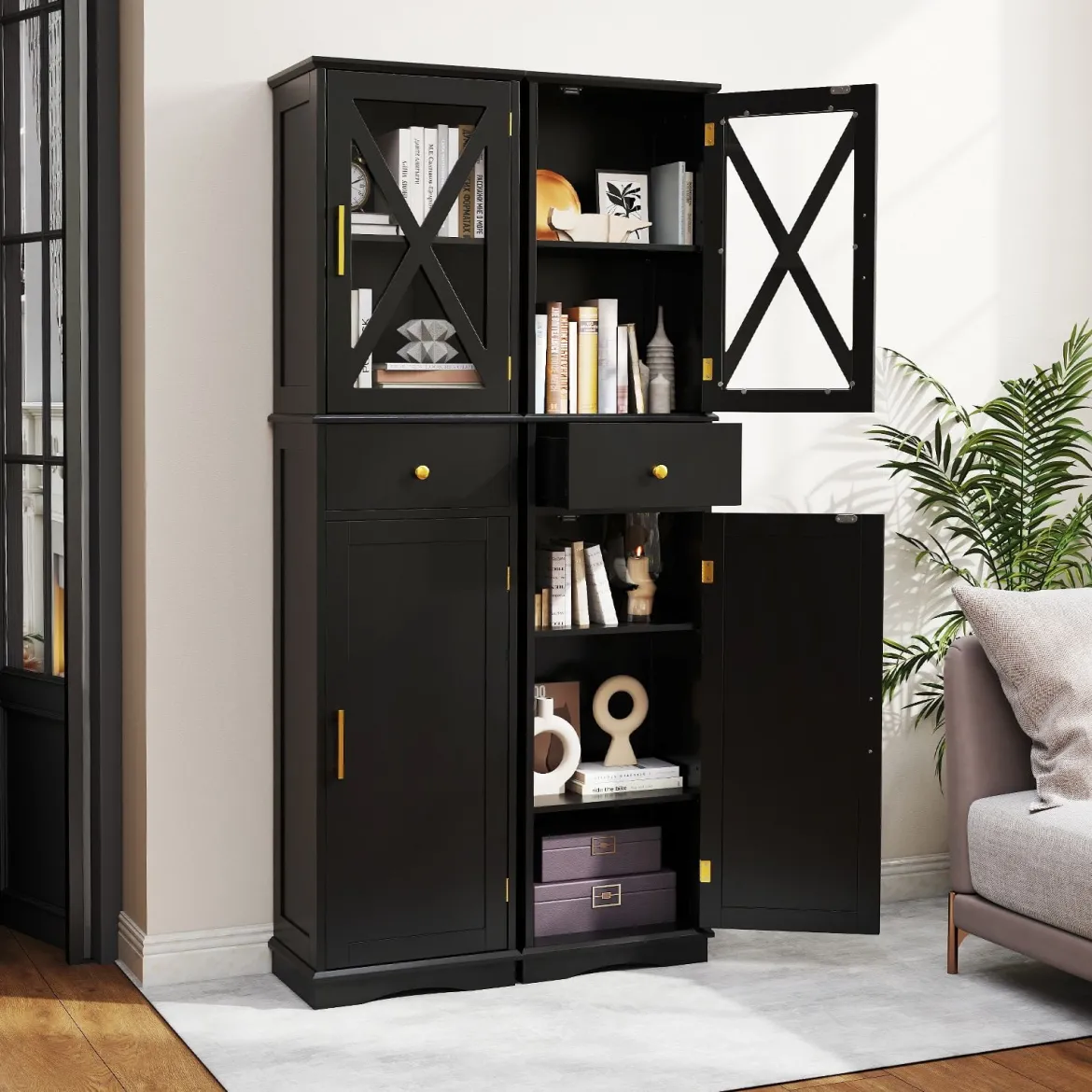 Badezimmerschrank Hochschrank mit Verstellbaren Einlegeböden & Schublade Badschrank Schwarz