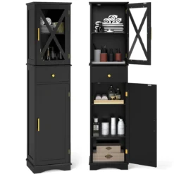 Badezimmerschrank Hochschrank mit Verstellbaren Einlegeböden & Schublade Badschrank Schwarz