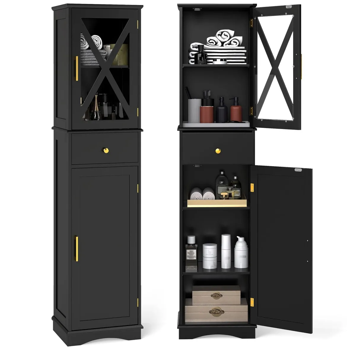 Badezimmerschrank Hochschrank mit Verstellbaren Einlegeböden & Schublade Badschrank Schwarz