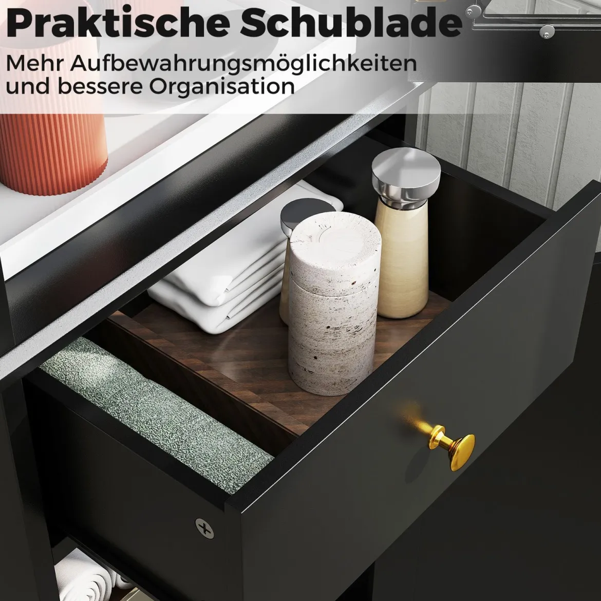 Badezimmerschrank Hochschrank mit Verstellbaren Einlegeböden & Schublade Badschrank Schwarz