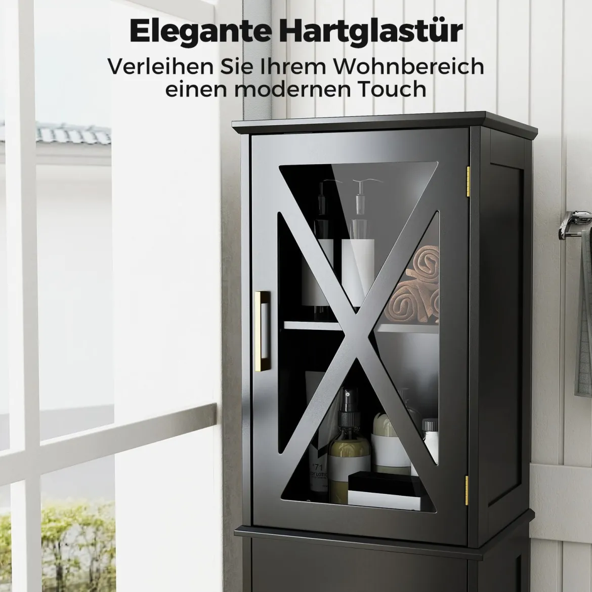 Badezimmerschrank Hochschrank mit Verstellbaren Einlegeböden & Schublade Badschrank Schwarz