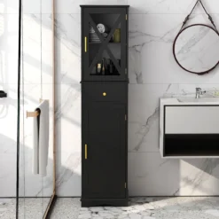 Badezimmerschrank Hochschrank mit Verstellbaren Einlegeböden & Schublade Badschrank Schwarz