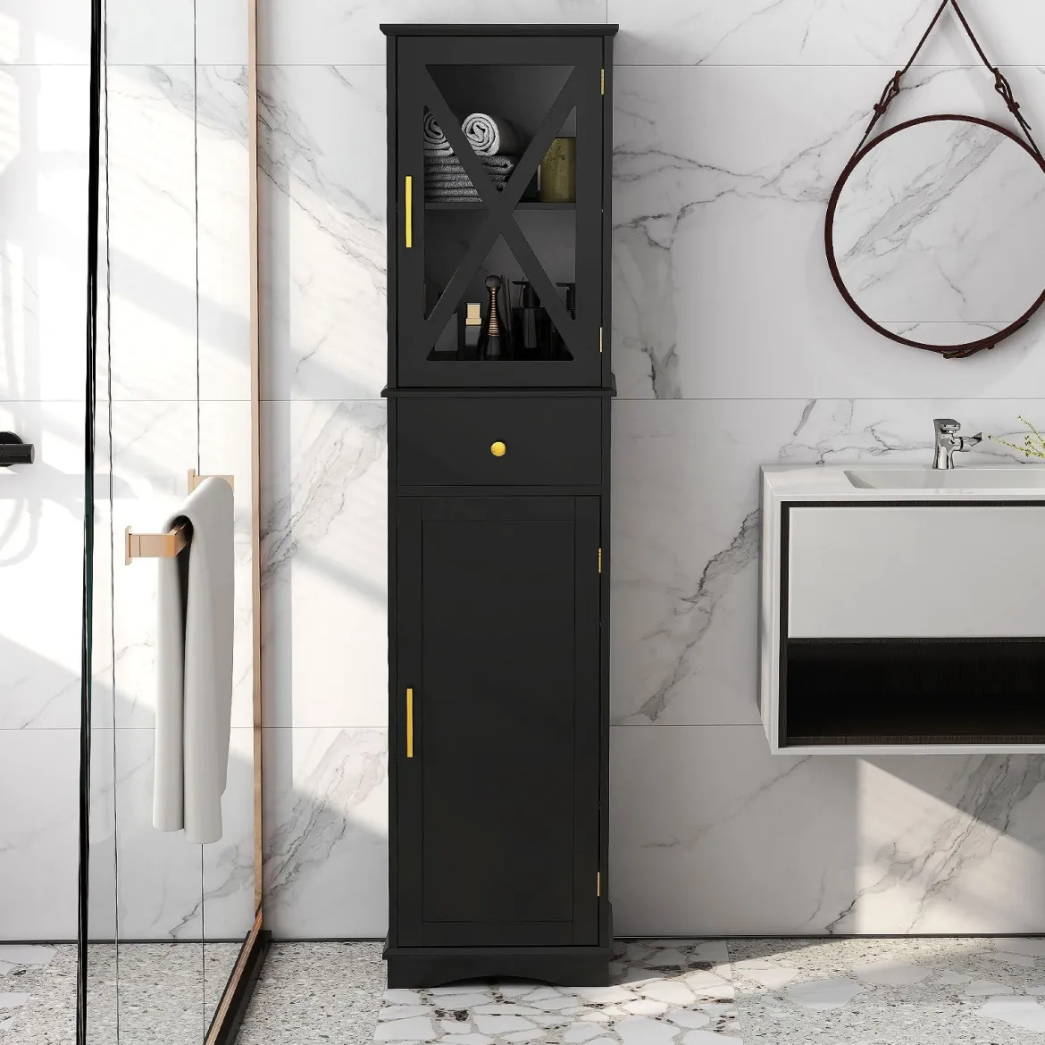 Badezimmerschrank Hochschrank mit Verstellbaren Einlegeböden & Schublade Badschrank Schwarz