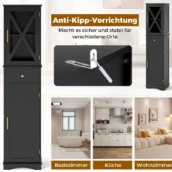 Badezimmerschrank Hochschrank mit Verstellbaren Einlegeböden & Schublade Badschrank Schwarz