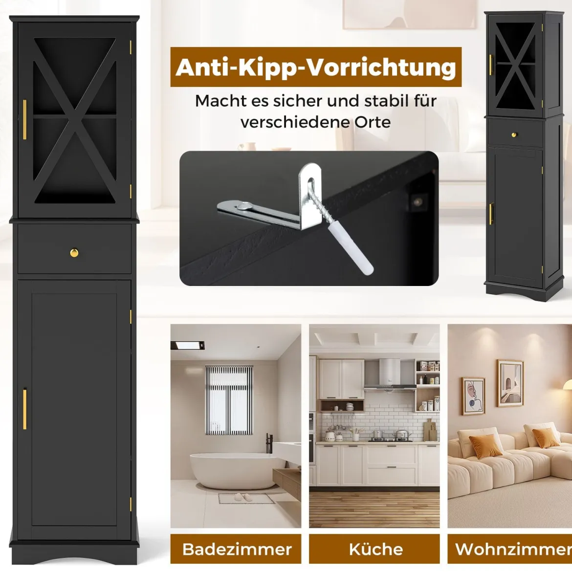 Badezimmerschrank Hochschrank mit Verstellbaren Einlegeböden & Schublade Badschrank Schwarz