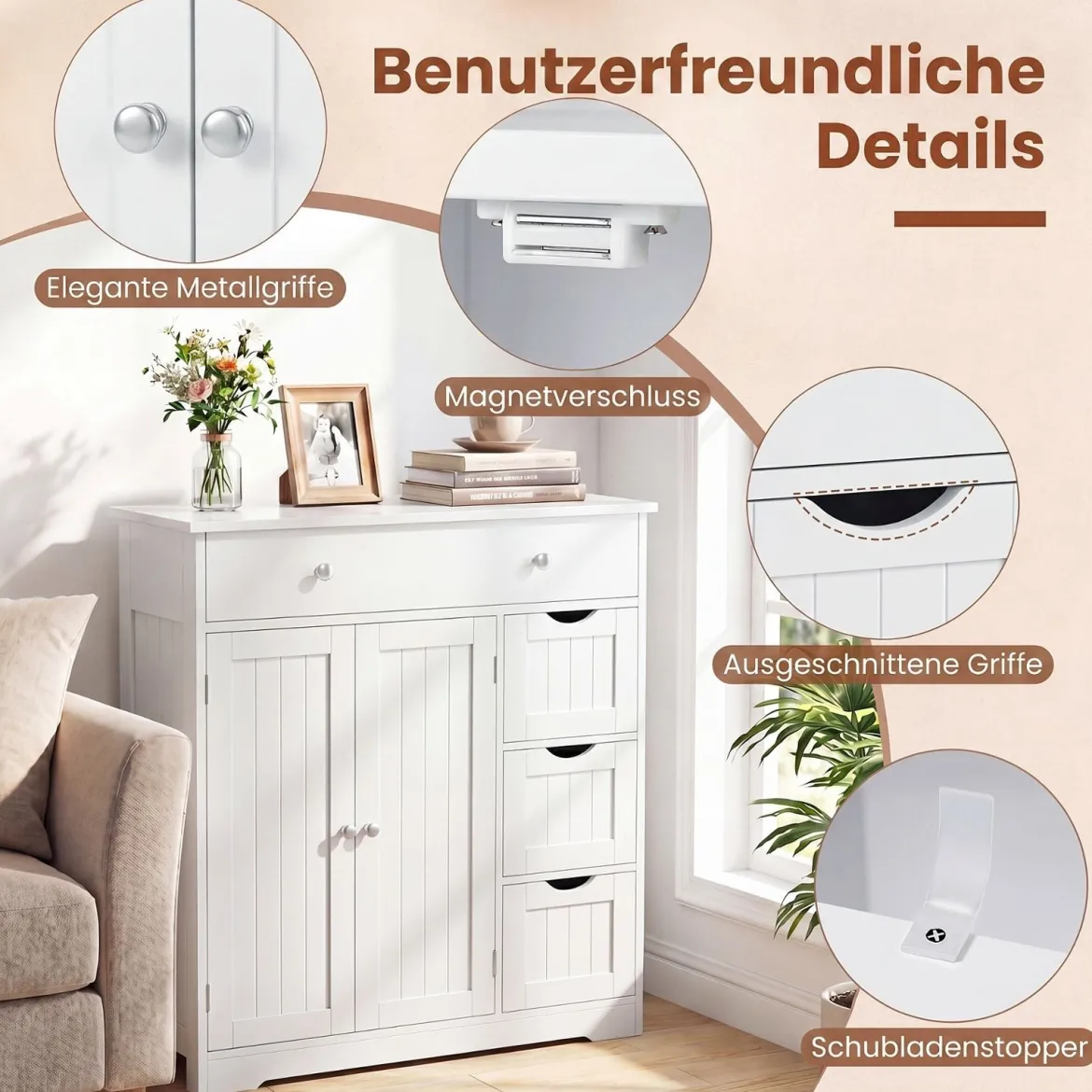 Badezimmerschrank Holz Freistehender Badschrank mit 4 Schubladen und 2 Türen 80 x 30 x 82 cm Weiß