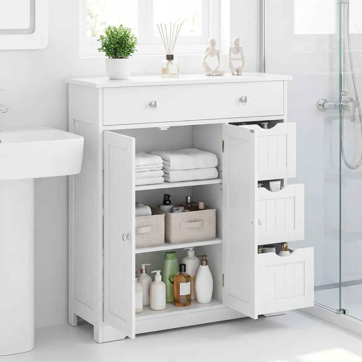 Badezimmerschrank Holz Freistehender Badschrank mit 4 Schubladen und 2 Türen 80 x 30 x 82 cm Weiß